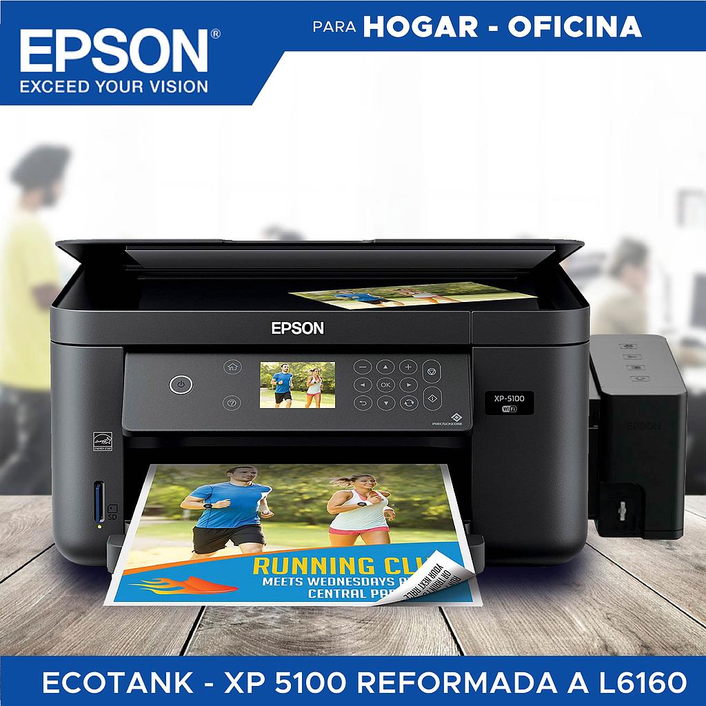 Impresora Epson XP-5100: Multifuncion impresora-copiadora-escaner, dúplex en impresión, Wifi, USB, Impresión móvil, Pantalla a color, bandeja frontal hasta 100 paginas, 33 pg/min Monocromo, 15 pg/min Color, nueva, Ecotank Dye reformada a L6160