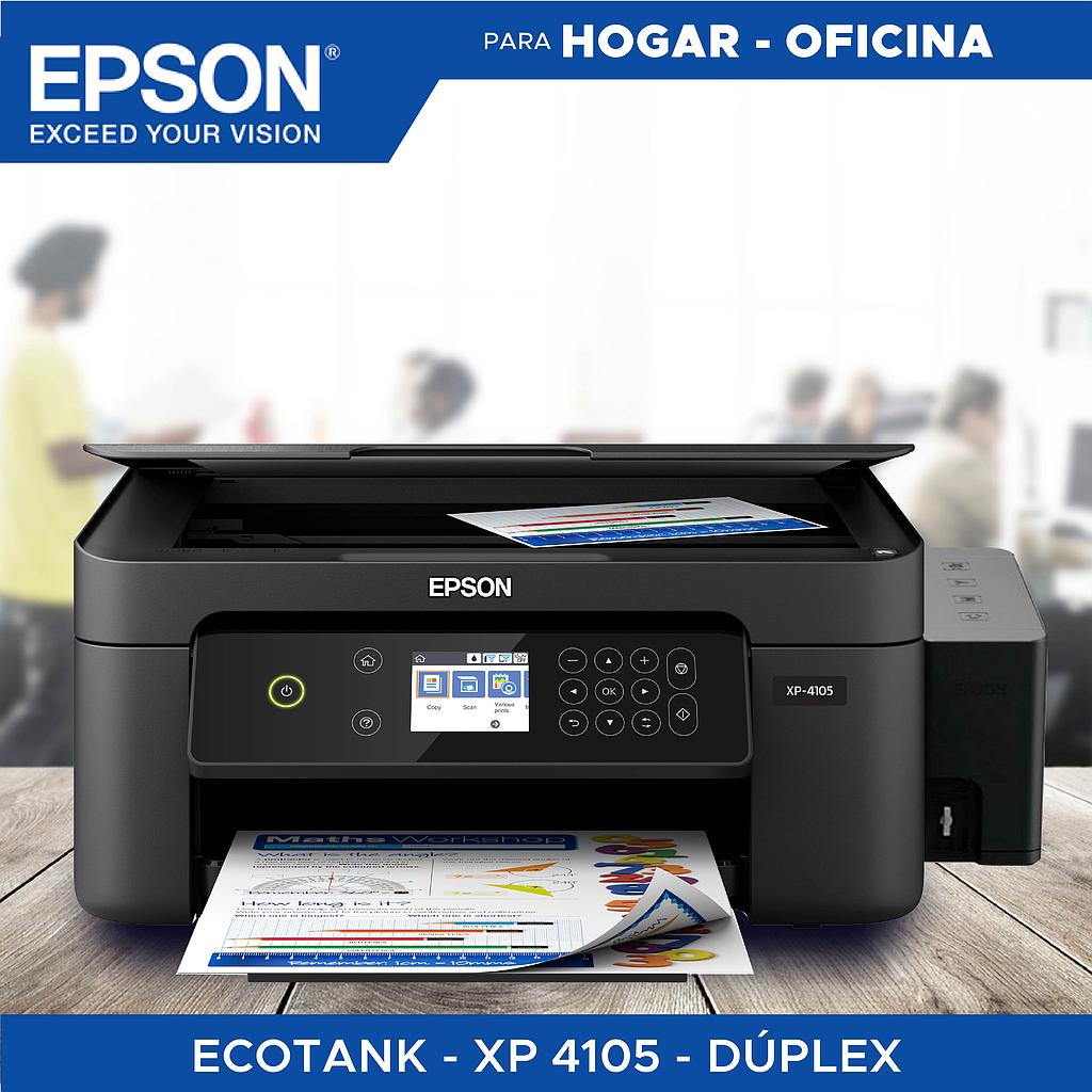 Impresora Epson XP-4105: Multifuncion impresora-copiadora-escaner, dúplex en impresión, Wifi, USB, Impresión móvil, Pantalla a color, bandeja posterior hasta 100 paginas, 33 pg/min Monocromo, 15 pg/min Color, Ecotank DYE sin chip