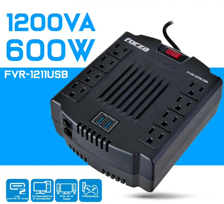 Regulador de Voltaje Forza FVR-1211USB 1200VA / 600W - 8 tomas + 2 USB, Nuevo, garantia 1 año
