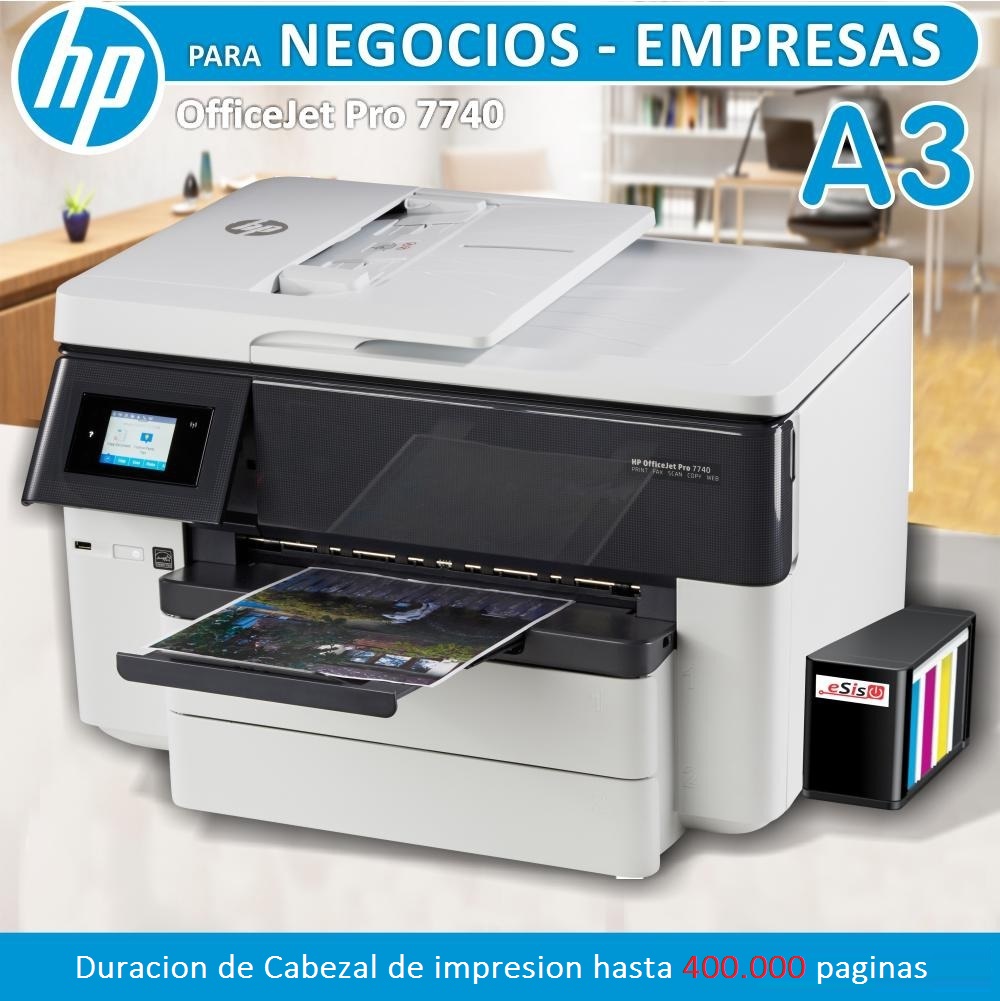 Impresora HP Multifunción OfficeJet Pro 7740 gran formato imprime, copia, escanea en A3, fax, Adf, Wifi color 35 ppm negro y 20 ppm color ecotank tinta pigmentada sin chip