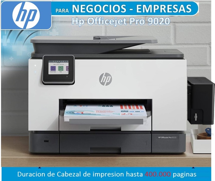 Impresora HP Multifuncion Officejet Pro 9020 imprime, copia, escanea, fax Pantalla tactil a color, duplex en ADF e impresion, 22 ppm negro y 18 ppm en color Usb-Wifi-Ethernet ecotank sin valvula tinta pigmentada sin chip