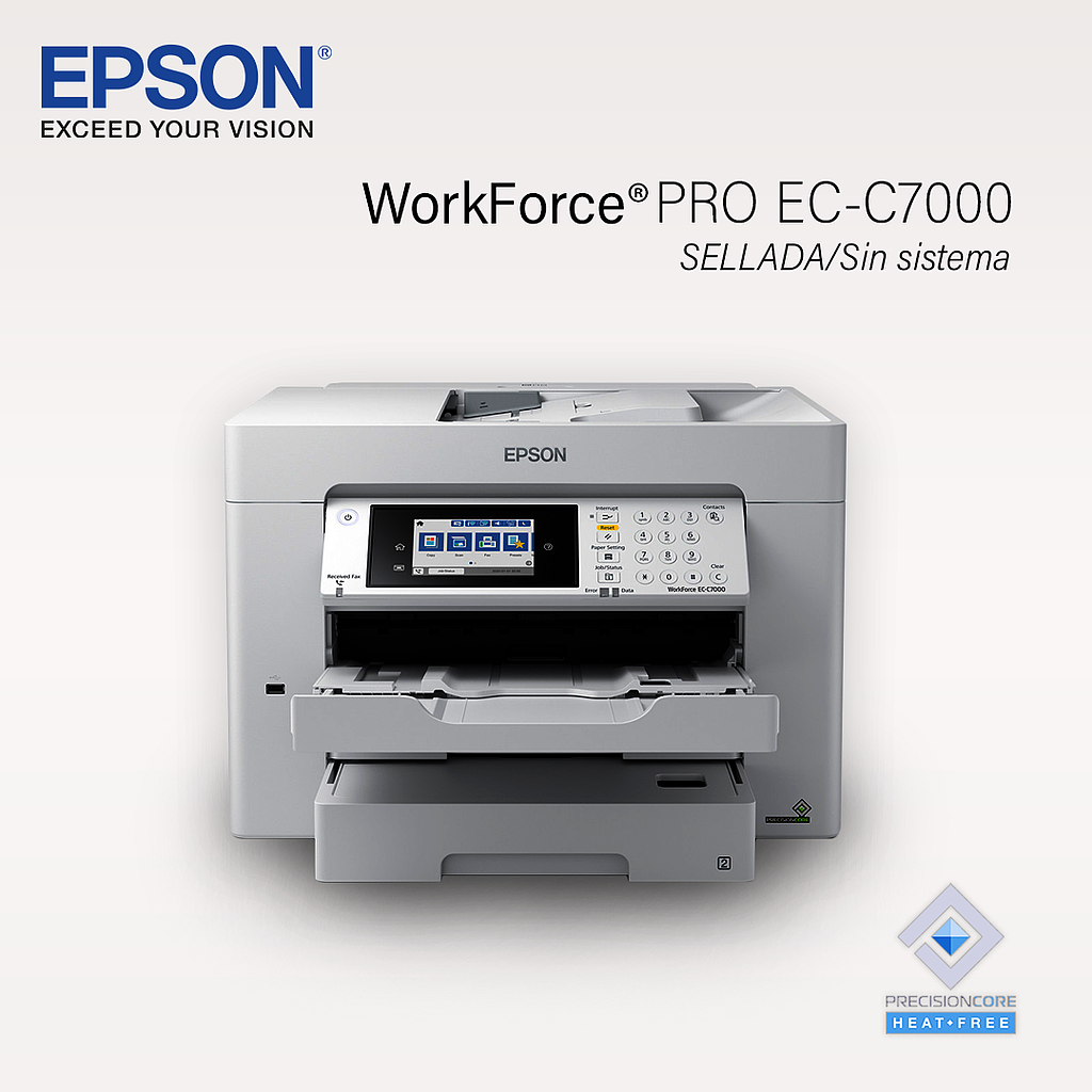 Impresora Epson WorkForce EC-C7000, Duplex Multifuncion A3-A4 impresora-copiadora-escaner -Fax, Wifi, Ethernet, Impresión móvil, Pantalla color, hasta 550 hojas en 2 bandejas, y posterior de 50 hojas, 25 pg/min Monocromo, 12 pg/min Color, nueva, SELLADA