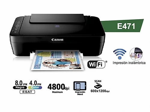 Impresora Canon E471: Multifuncion impresora-copiadora-escaner, Wifi usb, Bandeja posterior 50 hojas, 8 paginas/minuto Monocromo, 4 paginas/minuto Color, Ecotank DYE