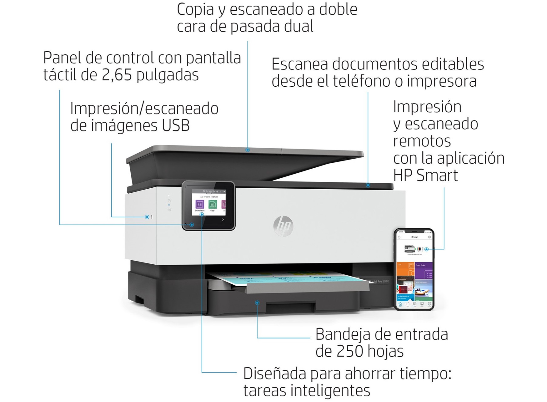 Impresora HP Multifuncion Officejet Pro 9010 imprime, copia, escanea, fax Pantalla tactil en color, duplex en ADF e impresion, 22 ppm negro y 18 ppm en color Usb-Wifi-Ethernet, ecotank tinta pigmentada sin chip