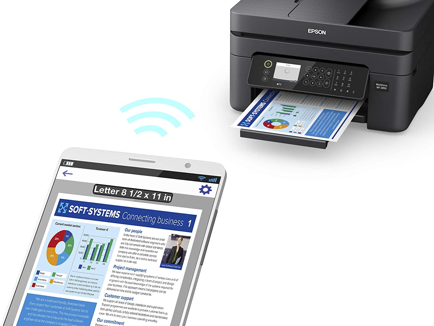 Impresora Epson WF-2850: Multifuncion impresora-copiadora-escaner fax, duplex en impresion A4, Wifi, USB, Pantalla color, bandeja inferior 150 hojas, 33 paginas/minuto Black, 20 paginas/minuto Color, nueva, ecotank dye, garantia 1 año o 5000pg