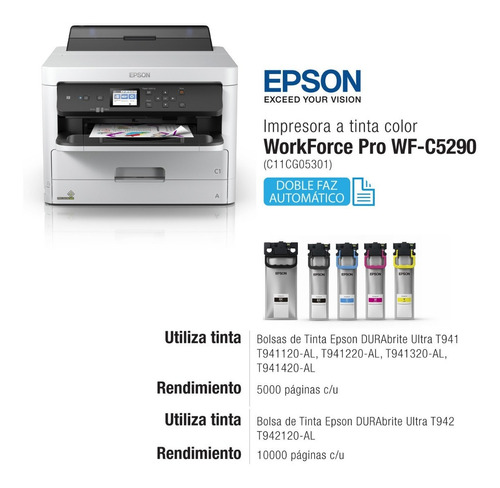   Impresora Multifuncion Epson WorkForce Pro C-5290, alcanza velocidad de impresión de hasta 34 ppm negro y colorde alta productividad y bajos costos operativos con soluciones  de gestión empresariales