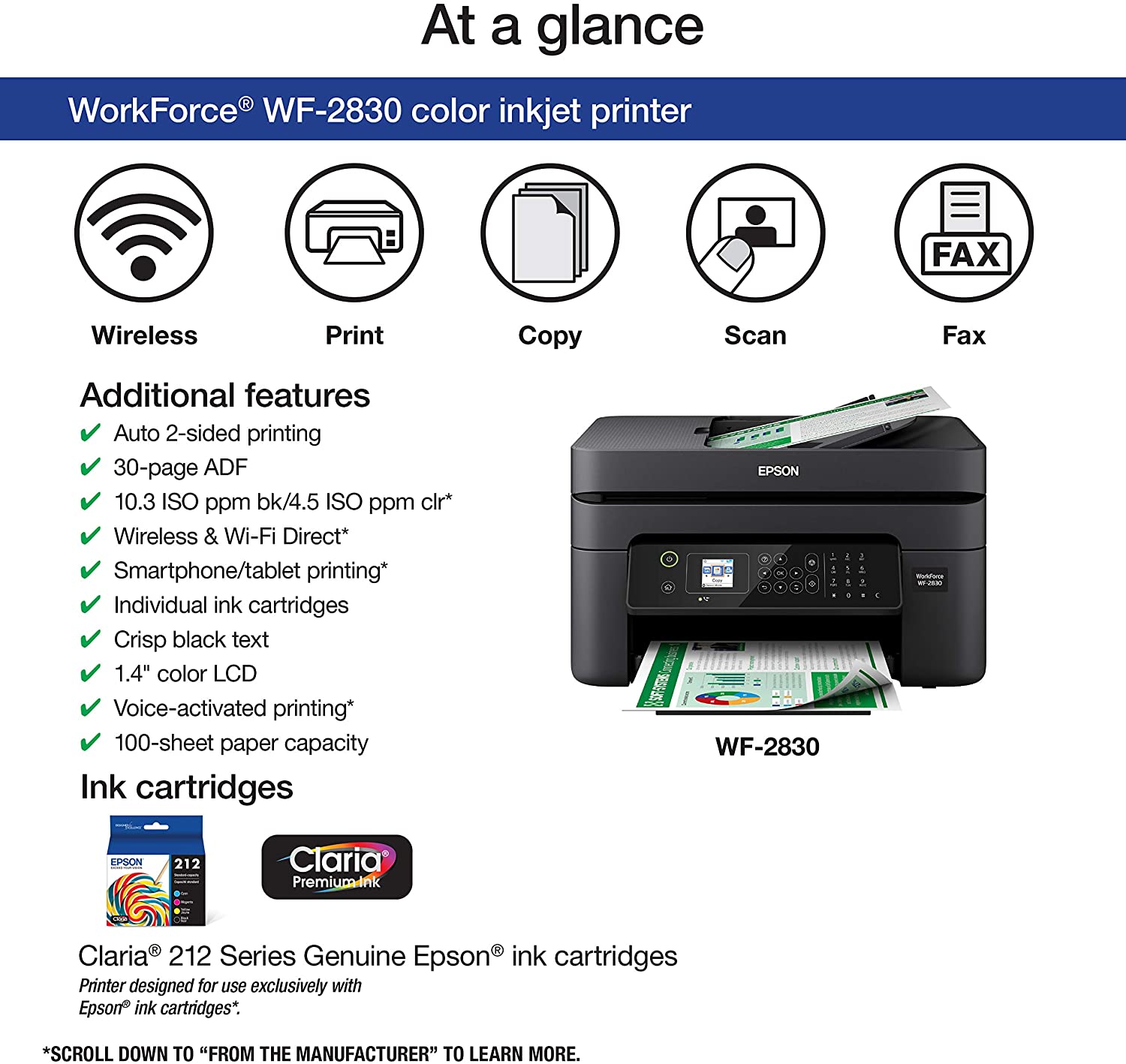 Impresora Epson Wf 2830 Multifuncion A4 Wifi, Adf, Fax, Pantalla SELLADA